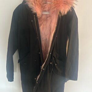 Women's Black Parka with Pink Faux Fur Lining